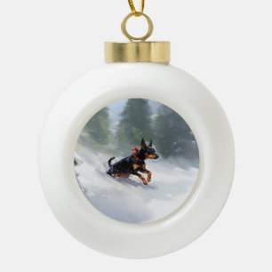 Adorno De Cerámica Tipo Bola Doberman Pinscher Navidad nieve invierno