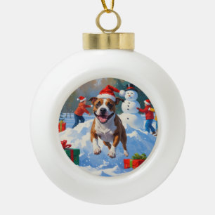 Adorno De Cerámica Tipo Bola Escena festiva de Navidad con Bull Terrier en la n