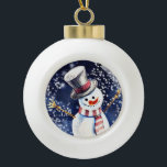 Adorno De Cerámica Tipo Bola Feliz arte de Snowman<br><div class="desc">Navidades tradicionales pintan acuarela de un muñeco de nieve feliz en adorable adorno decorativo.</div>