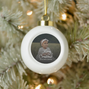 Adorno De Cerámica Tipo Bola Feliz Navidad Letra caprichosa  Foto de bebé 