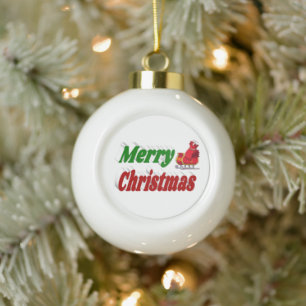Adorno De Cerámica Tipo Bola Feliz Navidad Santa Sleigh tipografía verde roja