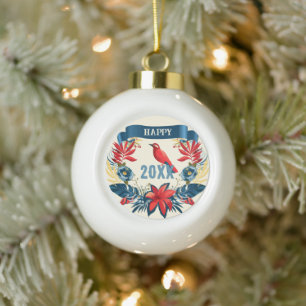 Adorno De Cerámica Tipo Bola ¡Feliz Navidad y Feliz Año Nuevo! 2027 Pájaro Rojo
