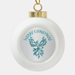 Adorno De Cerámica Tipo Bola Fénix azul turquesa se eleva en Feliz Navidad plat