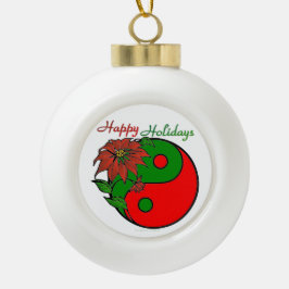 Adorno De Cerámica Tipo Bola Festividad Yin Yang Poinsettia Verde Rojo