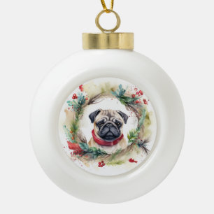 Adorno De Cerámica Tipo Bola Fiesta de Corona de Navidad de Pug Perrito Festivo