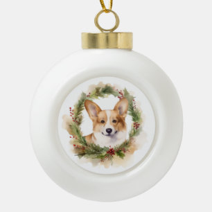 Adorno De Cerámica Tipo Bola Fiesta de Corona Navideña de Corgi Perro Festivo