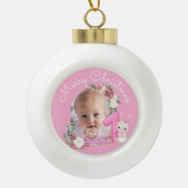 Adorno De Cerámica Tipo Bola First Christmas Pink Baby Girl Photo floral