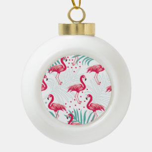 Adorno De Cerámica Tipo Bola Flamingo y hojas tropicales, patrón de verano.