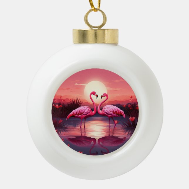 Adorno De Cerámica Tipo Bola Flamingos rosas al atardecer (Anverso)
