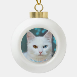Adorno De Cerámica Tipo Bola Foto de gato blanco personalizada & texto editable