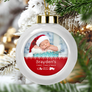Adorno De Cerámica Tipo Bola Foto Recuerdo Primer Navidad del Bebe Rojo