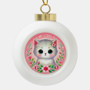 Adorno De Cerámica Tipo Bola Gatito blanco adorable rodeado de flores rosas