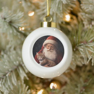Adorno De Cerámica Tipo Bola Gato abisinio con Navidad festiva de Santa Claus 