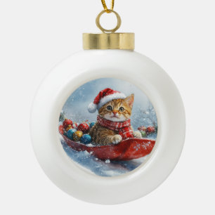 Adorno De Cerámica Tipo Bola Gato abisinio en trineo Deja que nieve Navidad