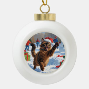 Adorno De Cerámica Tipo Bola Gato abisinio escena navideña festiva de nieve