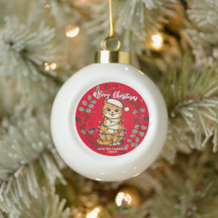 Adorno De Cerámica Tipo Bola Gato alegre y brillante Navidad gatito nieve invie