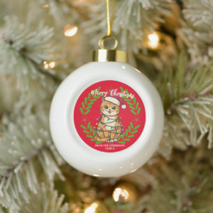 Adorno De Cerámica Tipo Bola Gato alegre y brillante Navidad gatito nieve invie