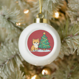 Adorno De Cerámica Tipo Bola Gato de dibujos animados junto al árbol de Navidad