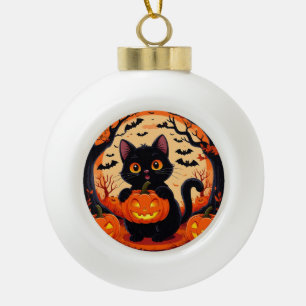 Adorno De Cerámica Tipo Bola Gato de dibujos animados y calabazas bajo luna lle