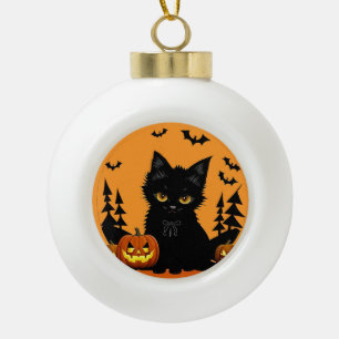 Adorno De Cerámica Tipo Bola Gato de dibujos animados y calabazas bajo luna lle