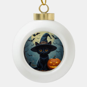 Adorno De Cerámica Tipo Bola Gato negro adorable que lleva sombrero de bruja