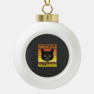Adorno De Cerámica Tipo Bola Gato Negro Gráfico de Calabaza Vintage de Hallowee