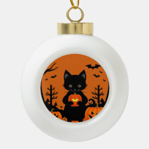 Adorno De Cerámica Tipo Bola Gato negro lindo con calabazas de Halloween