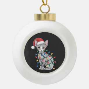 Adorno De Cerámica Tipo Bola Gato Sphynx con sombrero de Santa y envuelto en Na