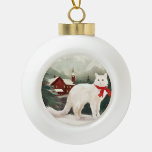Adorno De Cerámica Tipo Bola Gato turco angora en Navidades de nieve