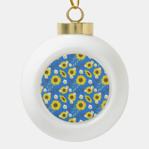Adorno De Cerámica Tipo Bola Girasol Amarillo Flor Fondo Azul Floral