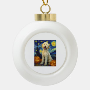 Adorno De Cerámica Tipo Bola Goldendoodle Perro Lindo Halloween Jack O Lantern 