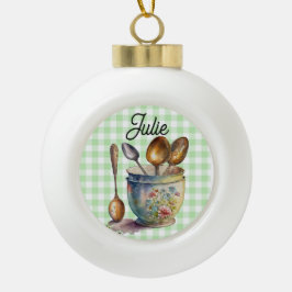 Adorno De Cerámica Tipo Bola "Green and White Checkered - Spoons in Cup