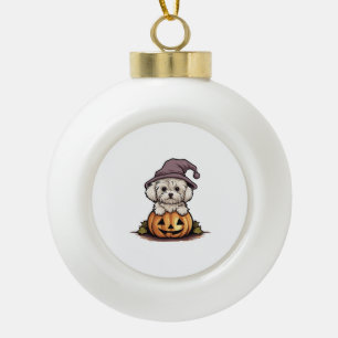 Adorno De Cerámica Tipo Bola Halloween Gorra de brujas Calabaza Perro Maltés