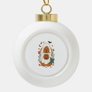 Adorno De Cerámica Tipo Bola Halloween Poodle with Fall Flowers