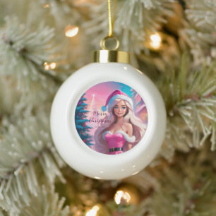 Adorno De Cerámica Tipo Bola Hermoso Chica de Navidades rosados 01