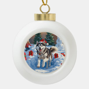 Adorno De Cerámica Tipo Bola Husky Siberiano Corriendo en la Nieve con Sombrero