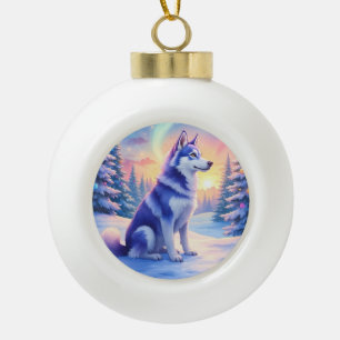 Adorno De Cerámica Tipo Bola Husky Siberiano Luces del Norte Navidad Invierno