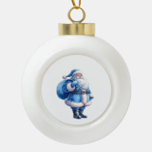 Adorno De Cerámica Tipo Bola Ilustración de Papá Noel azul en acuarela