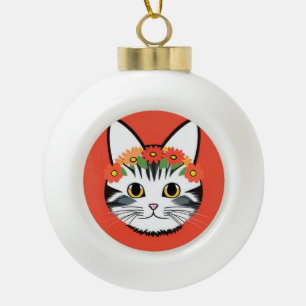 Adorno De Cerámica Tipo Bola Ilustración Vibrante de Cara de Gato Adorable