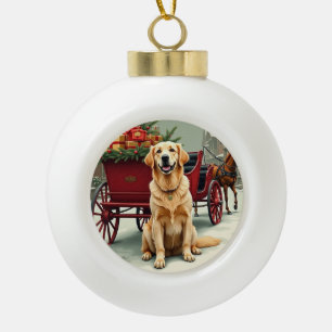 Adorno De Cerámica Tipo Bola Ilustración vintage de Golden Retriever en carruaj