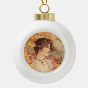 Adorno De Cerámica Tipo Bola Impresión de Mujer de Otoño Art Nouveau con Follaj