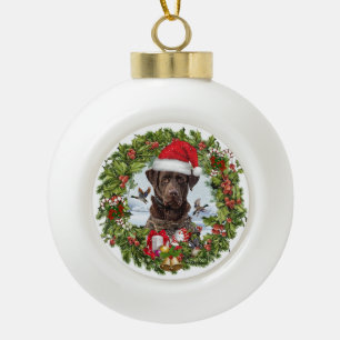 Adorno De Cerámica Tipo Bola Labrador Retriever de chocolate, corona de Navidad