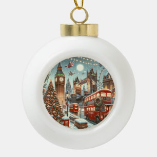 Adorno De Cerámica Tipo Bola Londres Navideño Festivo - Big Ben y Autobús Rojo