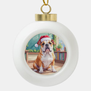 Adorno De Cerámica Tipo Bola Maestro Bulldog Inglés Sombrero de Santa en el Aul