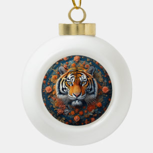 Adorno De Cerámica Tipo Bola Majestuoso retrato de tigre rodeado de flores