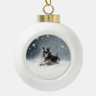 Adorno De Cerámica Tipo Bola Miniatura Schnauzer Navidad nieve invierno