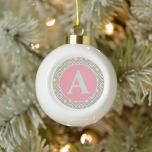 Adorno De Cerámica Tipo Bola Monograma Navideño Pastel Rosa Azul Verde Adorable
