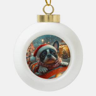 Adorno De Cerámica Tipo Bola Montaña Rusa Perro Boston Terrier Navidad