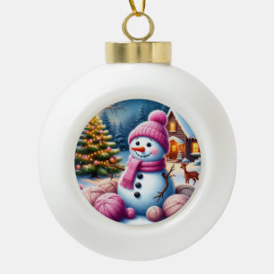 Adorno De Cerámica Tipo Bola Muñeco de nieve alegre junto al árbol de Navidad e