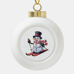 Adorno De Cerámica Tipo Bola Muñeco de nieve en esquís con sombrero de copa y b